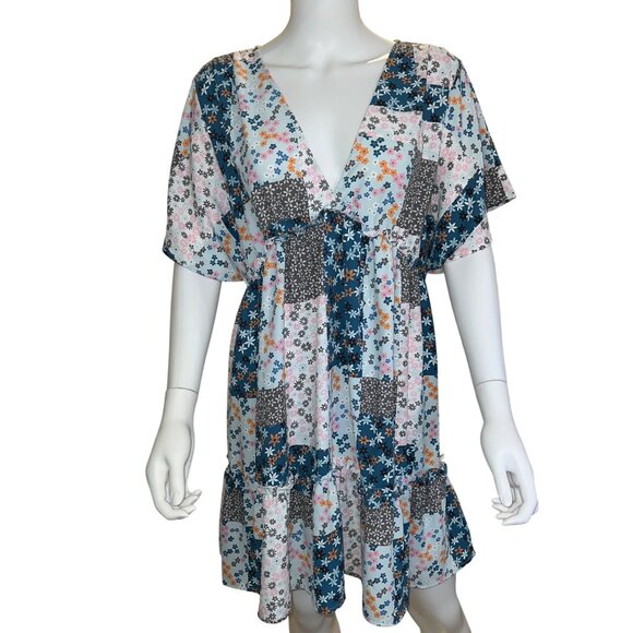 Umgee Dresses & Skirts - Umgee Floral Patchwork Dress Womens L Multicolor V-Neck Short Sleeve Tiered